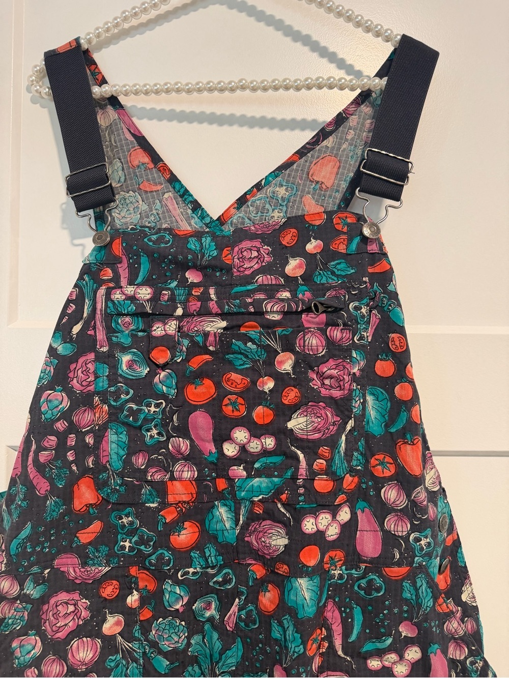 Duluth Trading Co Floral & Veggie Print Overalls in Black, Pink & Teal